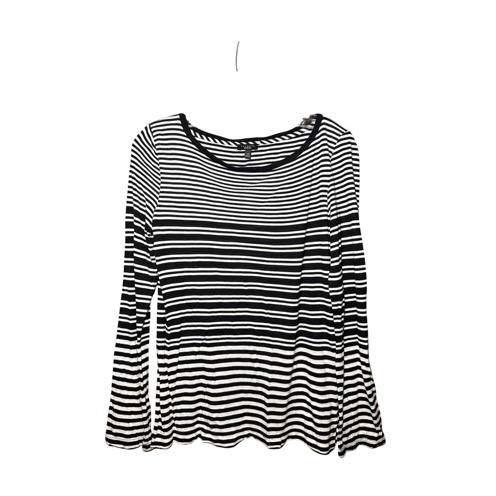 Talbots Womens XS Black White Striped Rayon Long Sleeve Button Tab Scoop Top